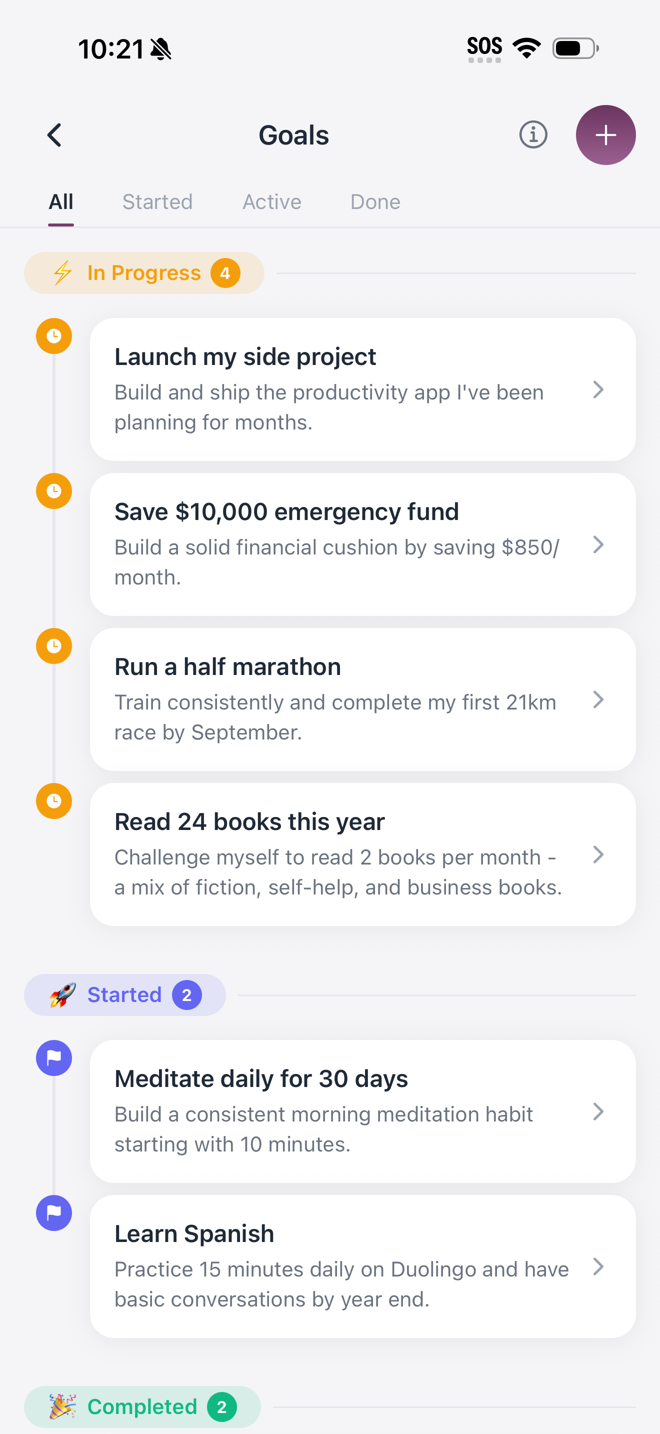Goals & Milestones screenshot